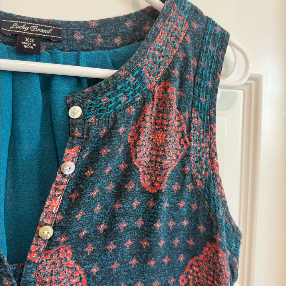 Lucky Brand Teal & Coral Sleeveless Boho Print dress